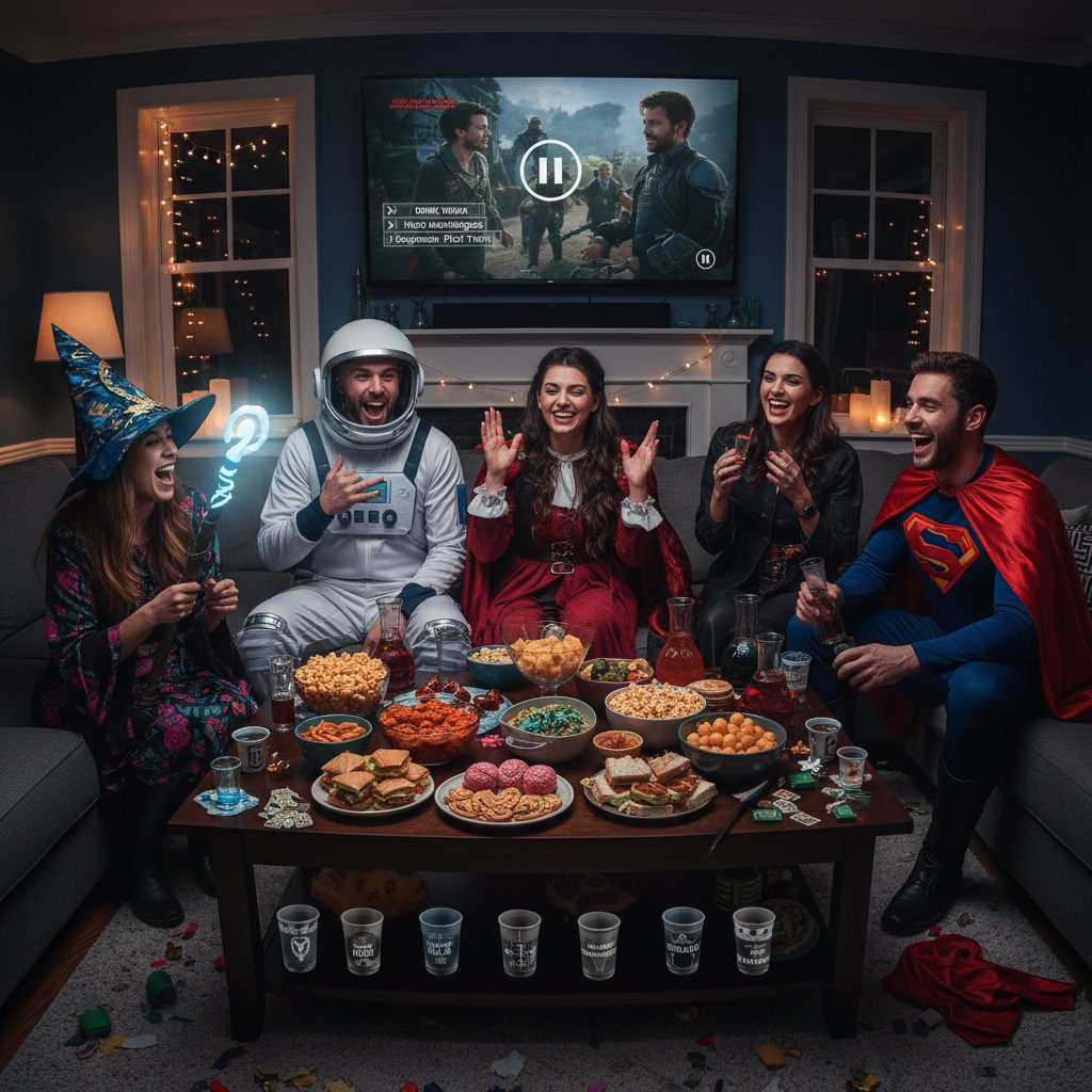Epic movie drinking game night, friends in costume, laughter, and creative snacks, unforgettable atmosphere