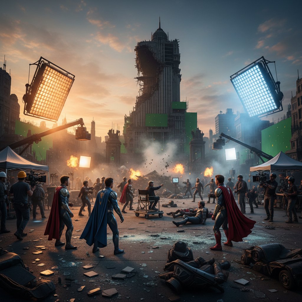 Behind-the-scenes look at Russo brothers directing Marvel ensemble, crowded movie set with actors in superhero costumes and dynamic lighting