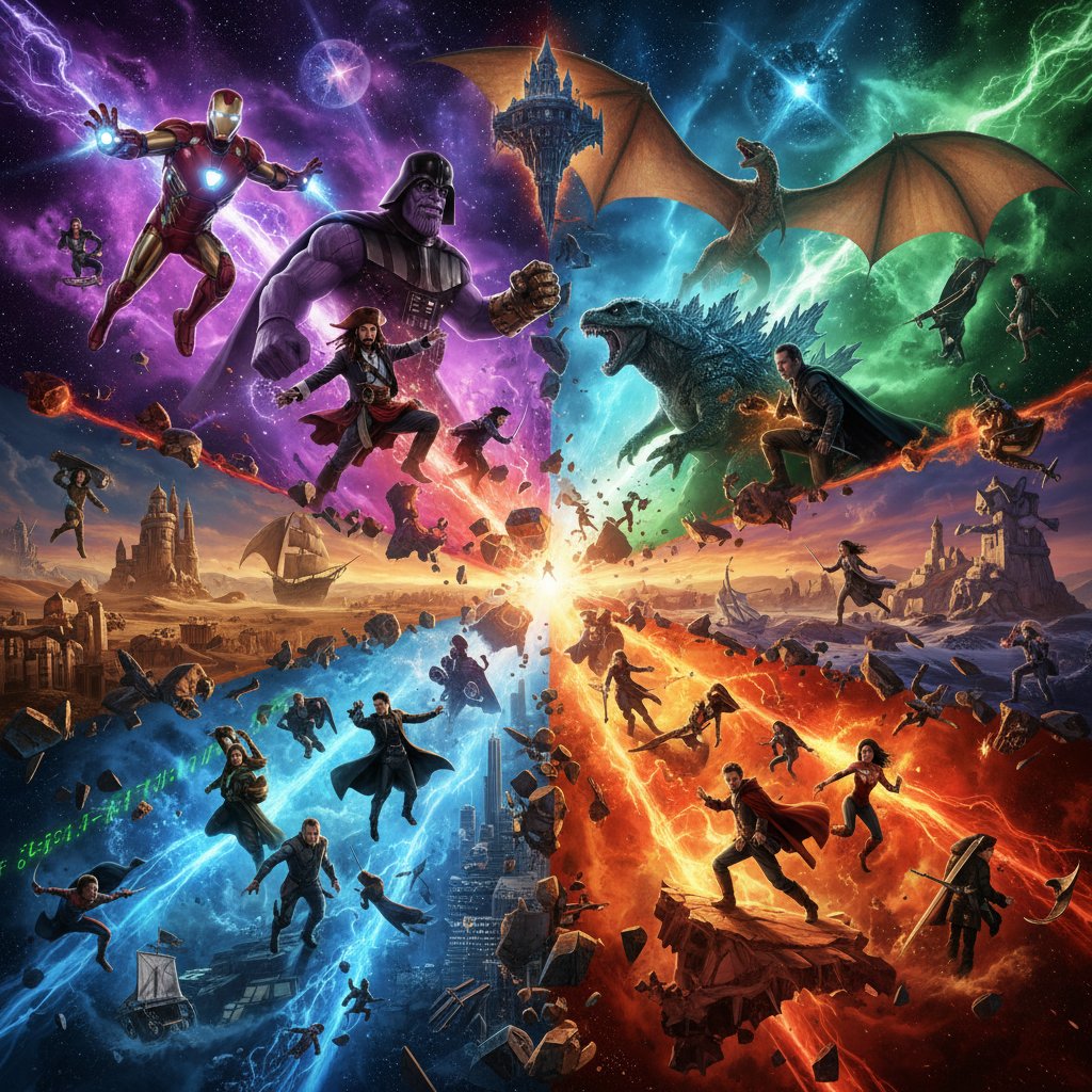 Epic wide shot of a multiverse collision, movie parallel universe movies with characters from different worlds and explosive colors