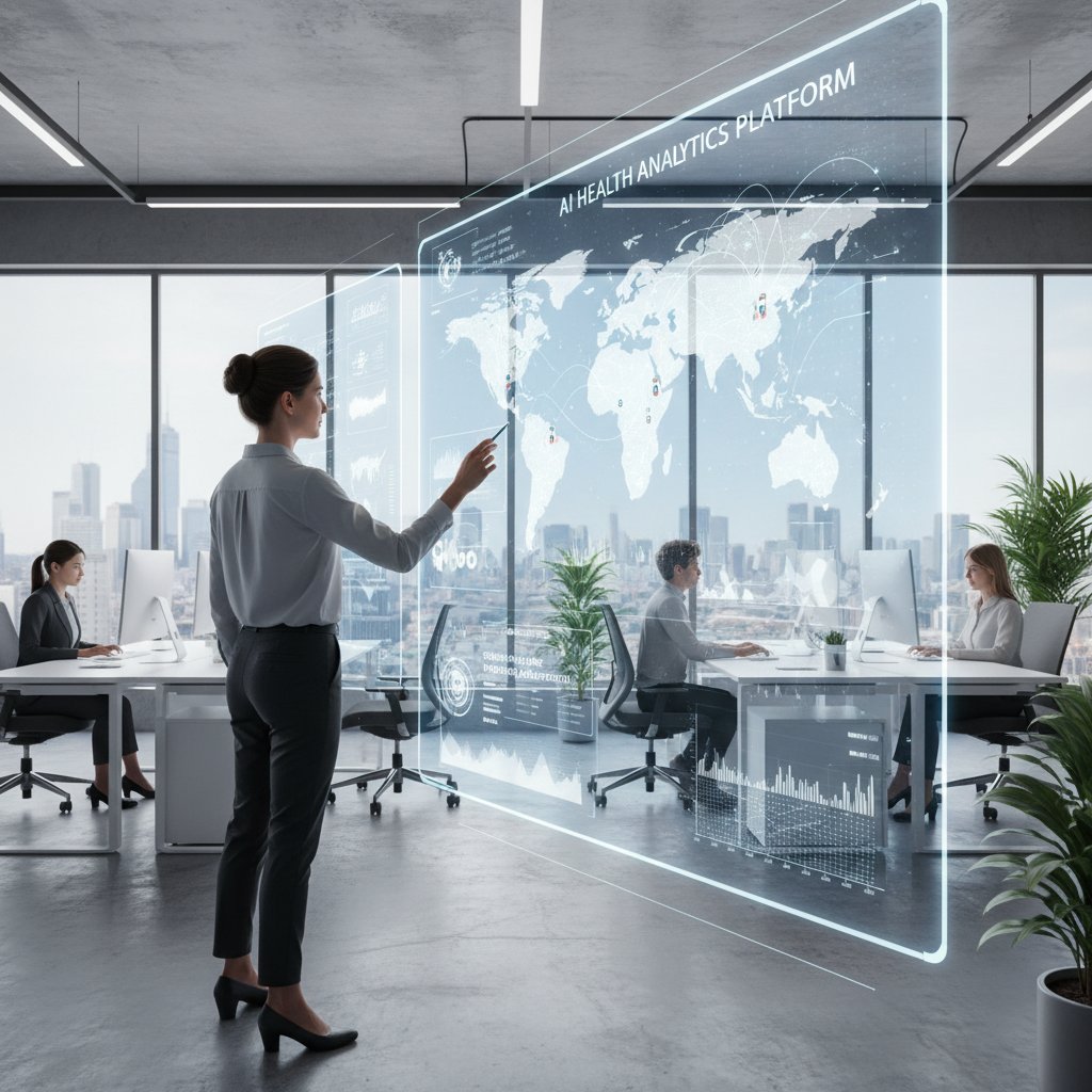 Epidemiolog korzysta z systemu AI do analizy trendów zdrowotnych, ekrany pełne danych, nowoczesne biuro