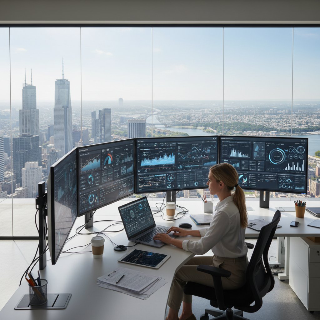 Nowoczesny epidemiolog analizujący dane zdrowotne w biurze, wokół interaktywne wykresy, miasto za oknem