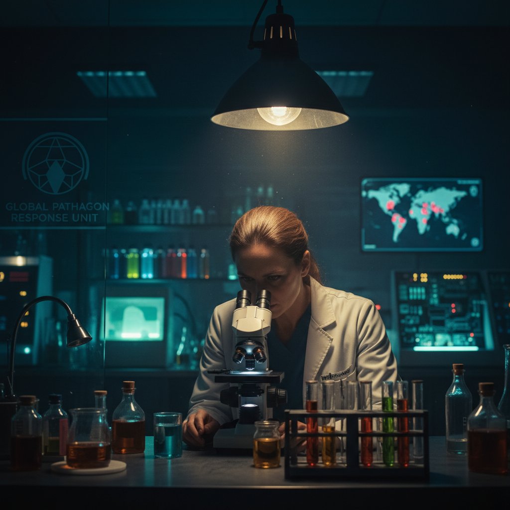 Scena z filmu: epidemiolog analizuje wyniki laboratoryjne, napięcie, dramatyczne światło