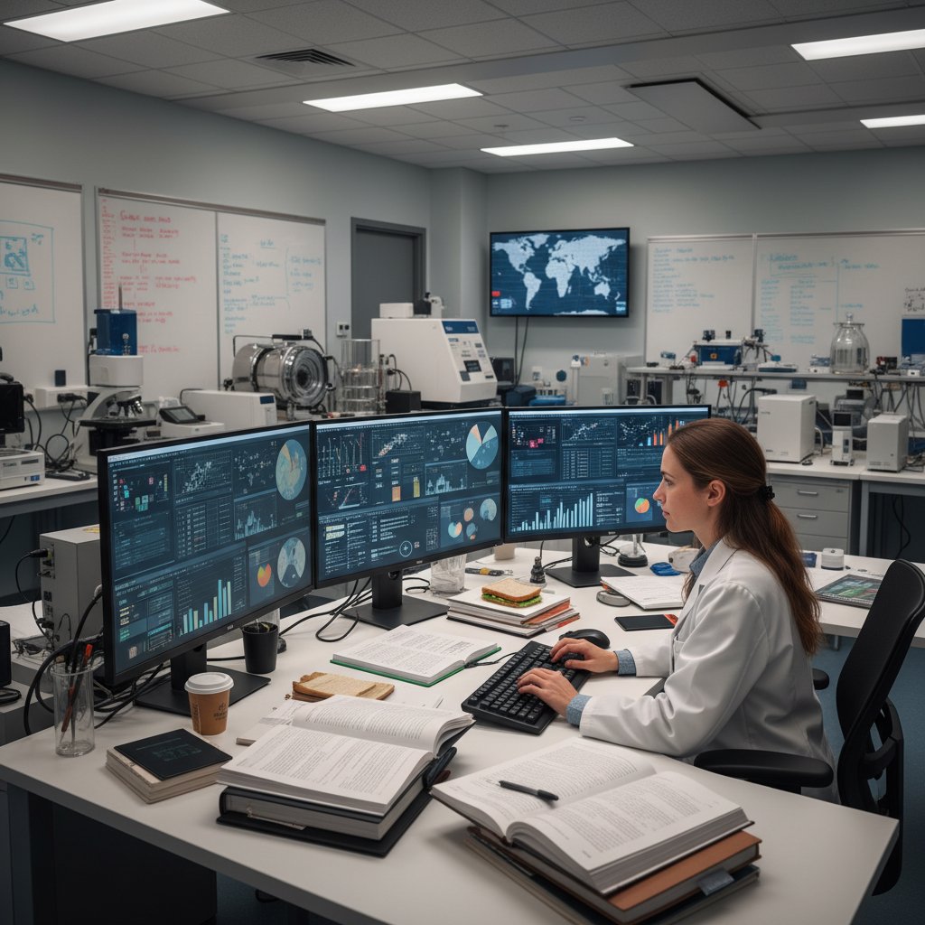 Epidemiolog w laboratorium oraz przy komputerze, otoczony dokumentami i ekranami z danymi