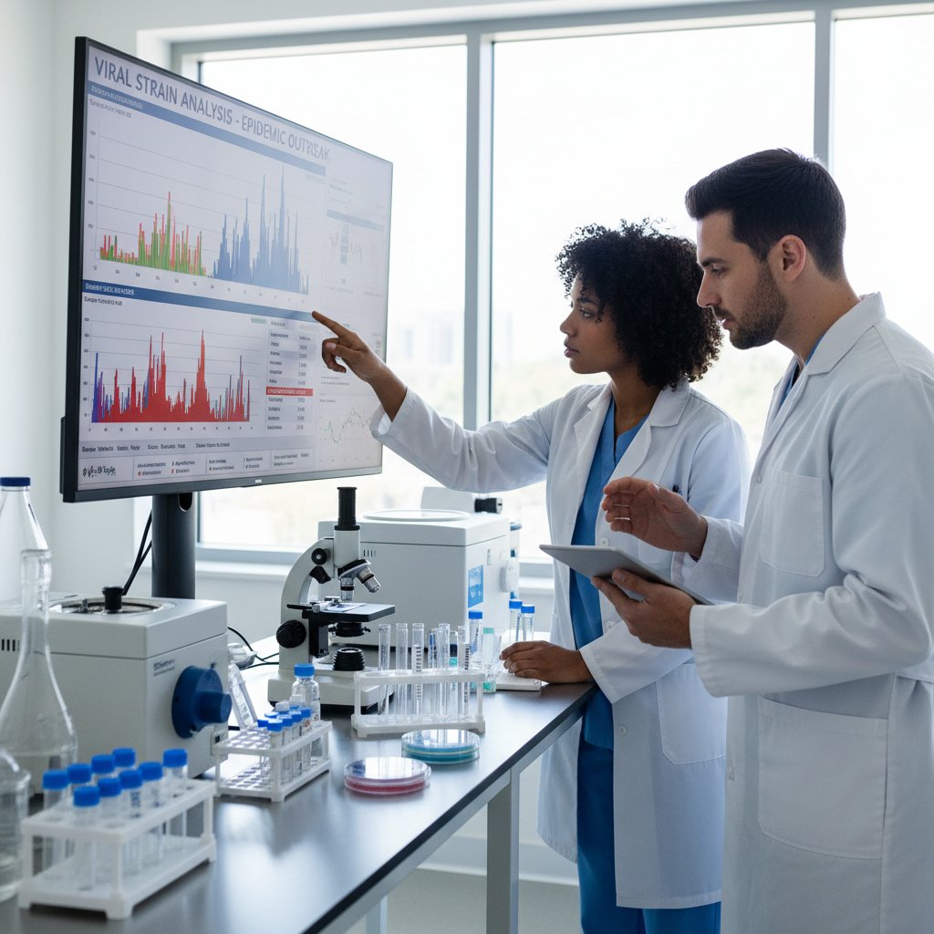 Zespół epidemiologów podczas analizy wyników posiewów, laboratorium szpitalne