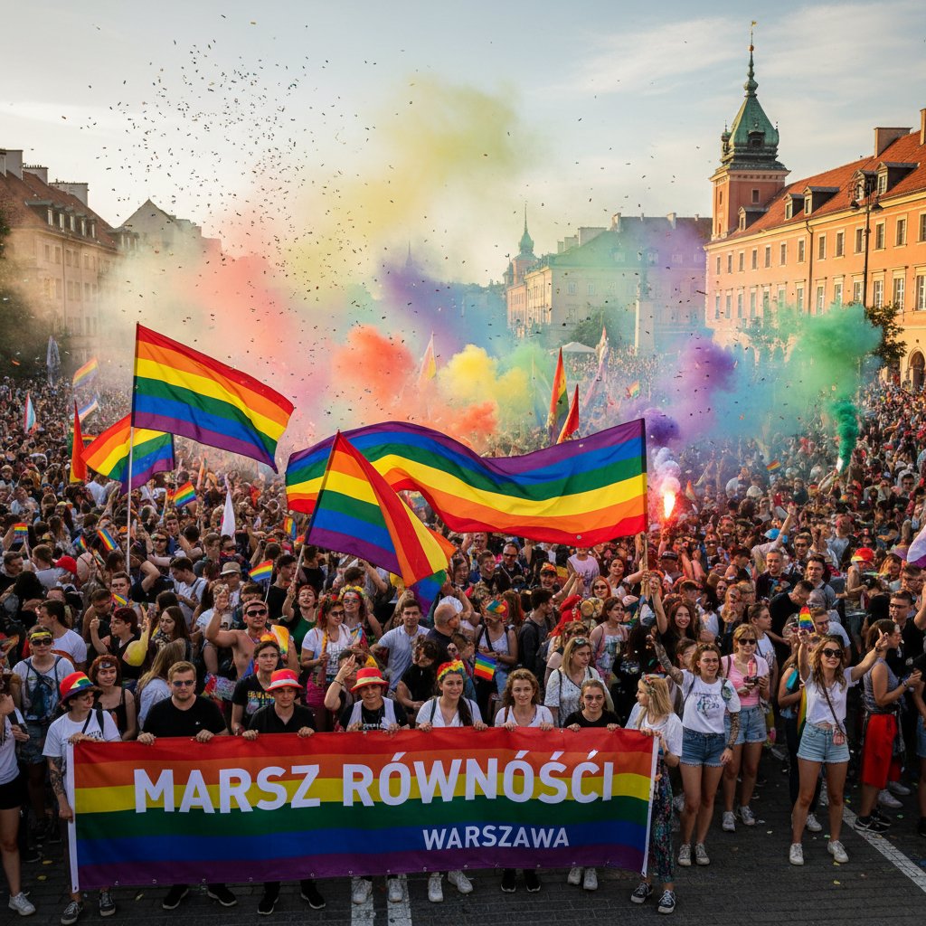 Tłum na Paradzie Równości z tęczowymi flagami, energia i różnorodność społeczności LGBT+