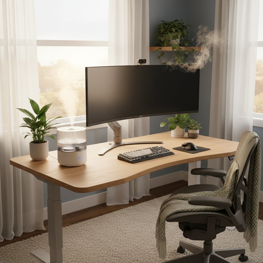 Biurko ergonomiczne z monitorem i nawilżaczem powietrza – idealne warunki dla wzroku