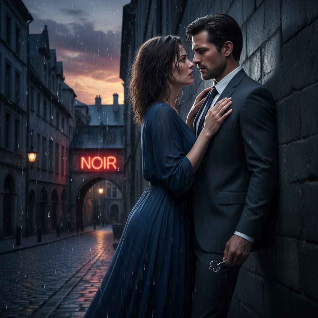 European erotic thriller: urban night, emotional tension, atmospheric cityscape with couple