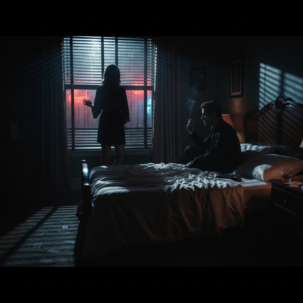 Classic erotic thriller mood: silhouettes and suspense in a dimly lit room, noir-style bedroom scene, ambiguous tension