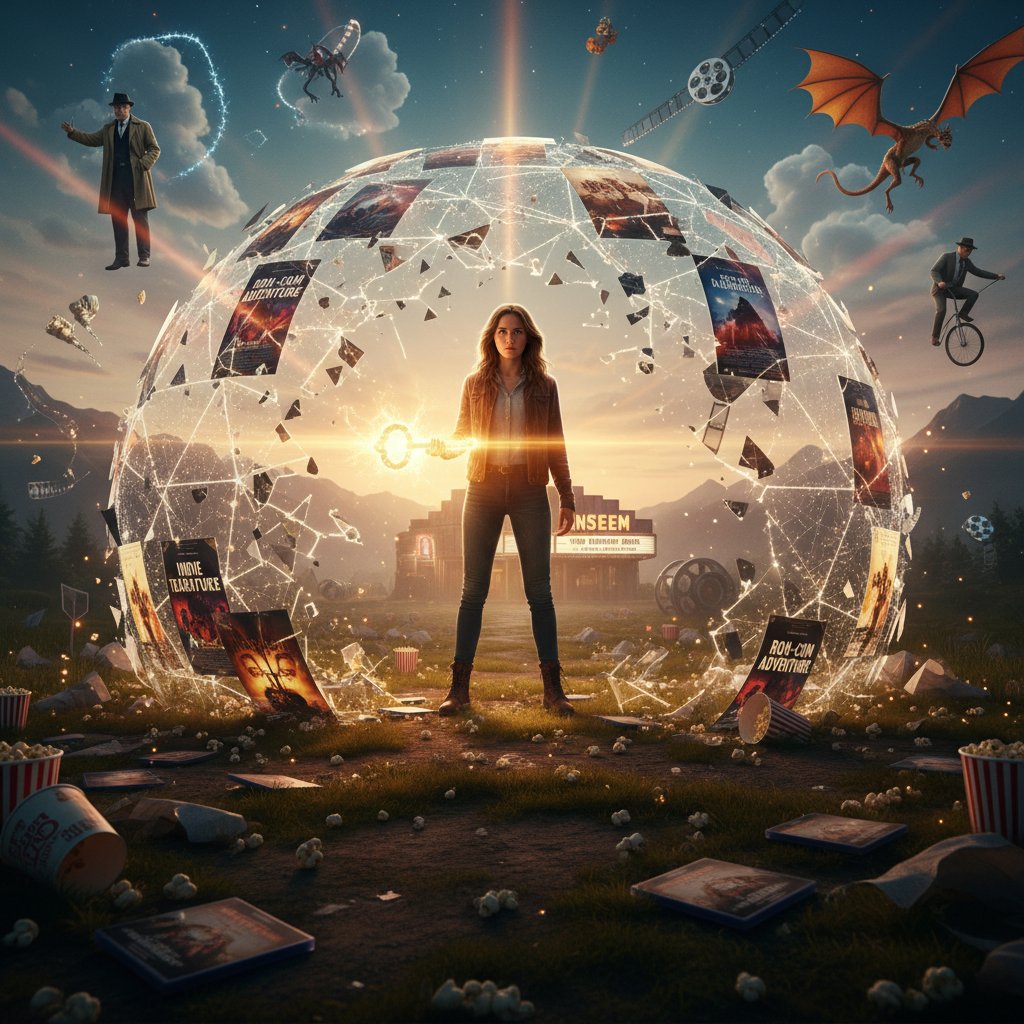 Person dramatically breaking through a digital filter wall, cinematic style, escaping algorithmic movie bubble, movies that inspire motivation