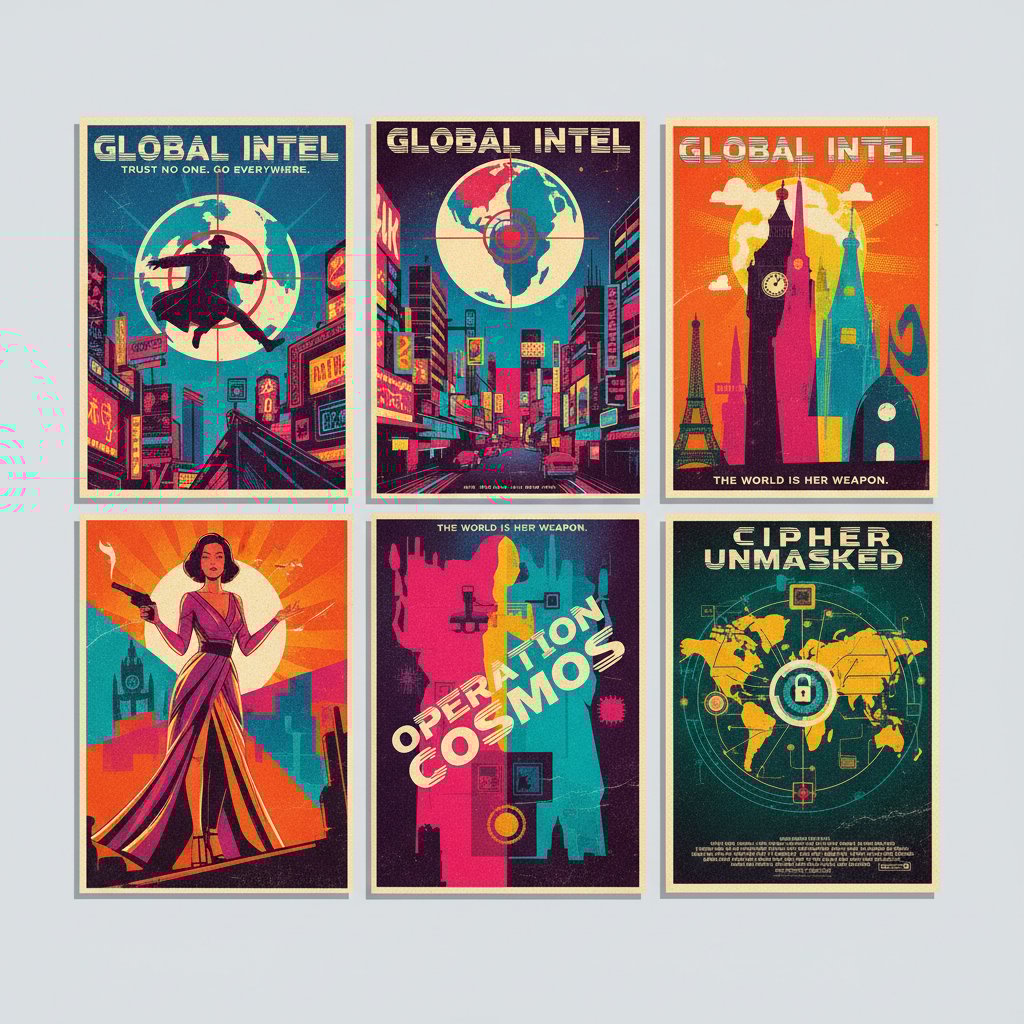 Collage of espionage movie posters from around the world, vibrant colors