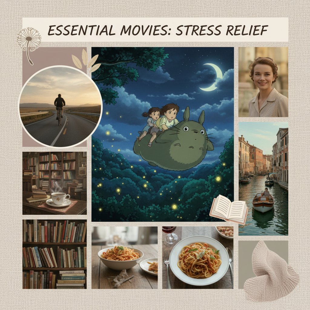 Essential movies for stress relief, collage of movie posters with bold colors and subtle glow