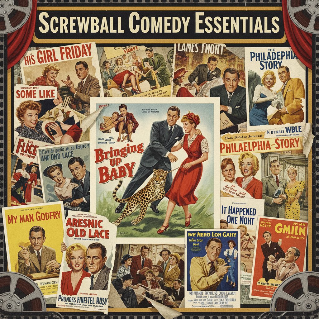 Essential screwball comedy movie posters collage, vibrant, featuring classic titles, keyword-rich alt using best screwball comedies