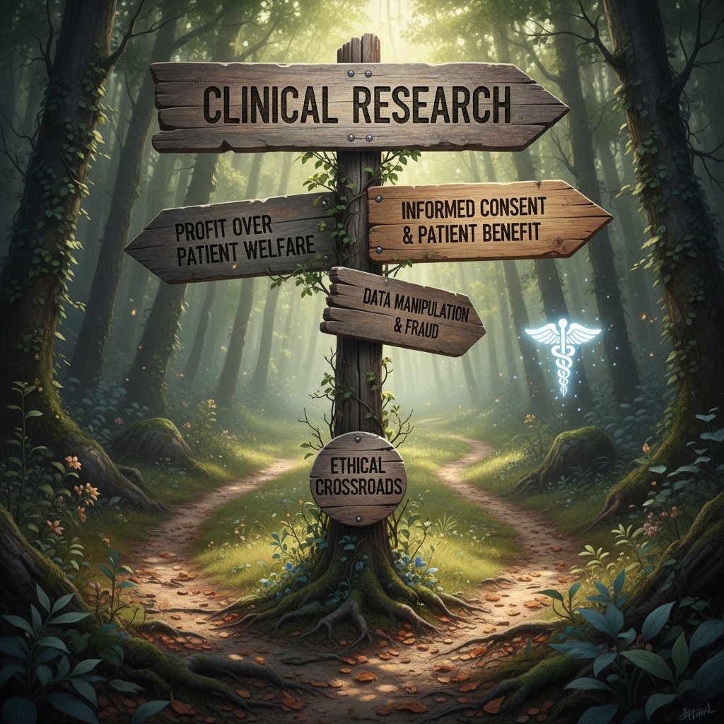 Ethical crossroads signpost in a clinical research context, symbolizing data privacy and ethical dilemmas