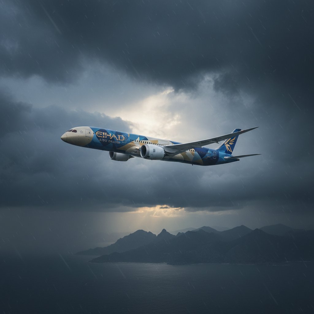 Samolot Etihad na tle ciemnych chmur burzowych, symbol nieprzewidywalności podróży