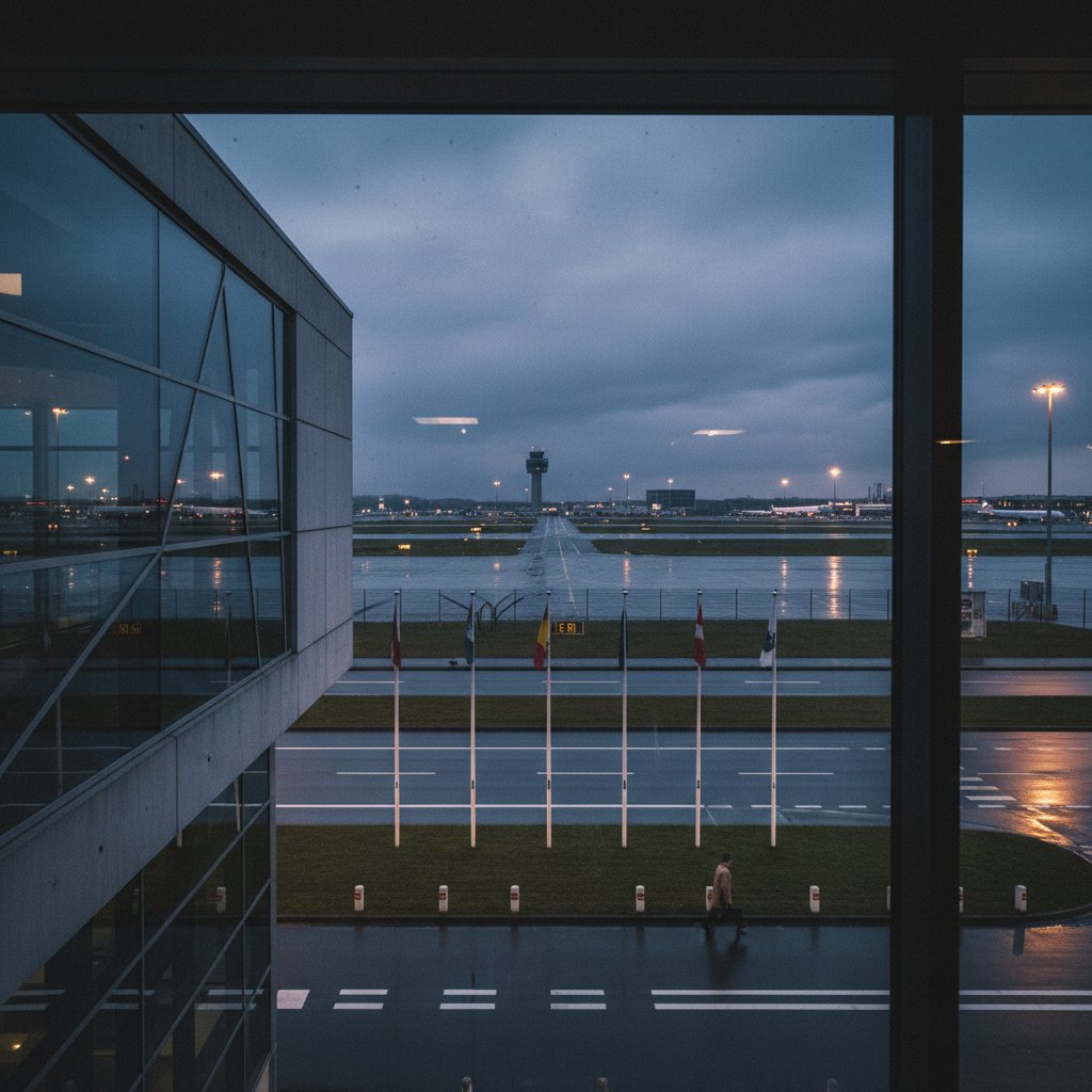 Editorial view of EuroAirport Basel-Mulhouse-Freiburg showing the border lines and tri-national structure