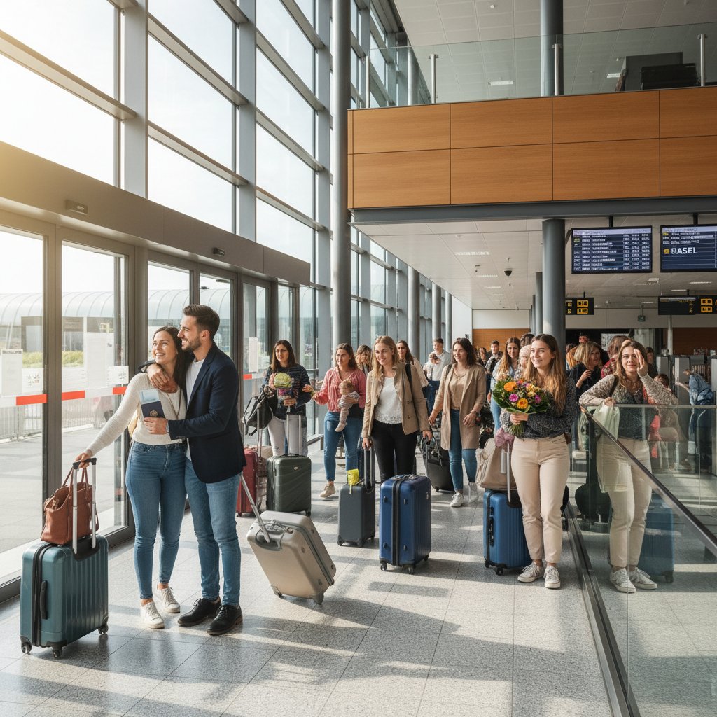 Travelers waiting in the EuroAirport Basel-Mulhouse-Freiburg arrivals hall, lifestyle photo