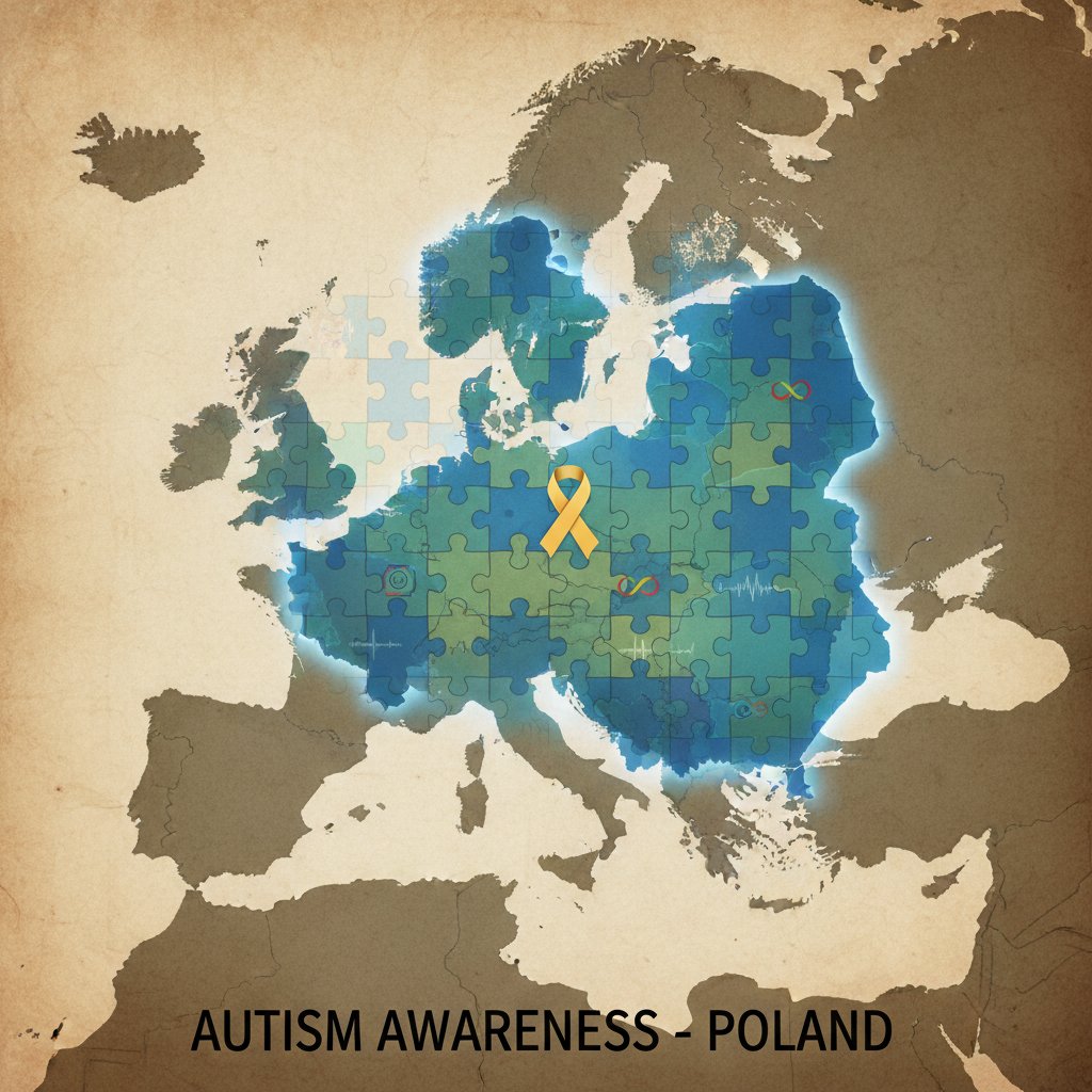 Mapa Europy z zaznaczonymi miejscami o wysokiej wykrywalności autyzmu, akcent na Polskę