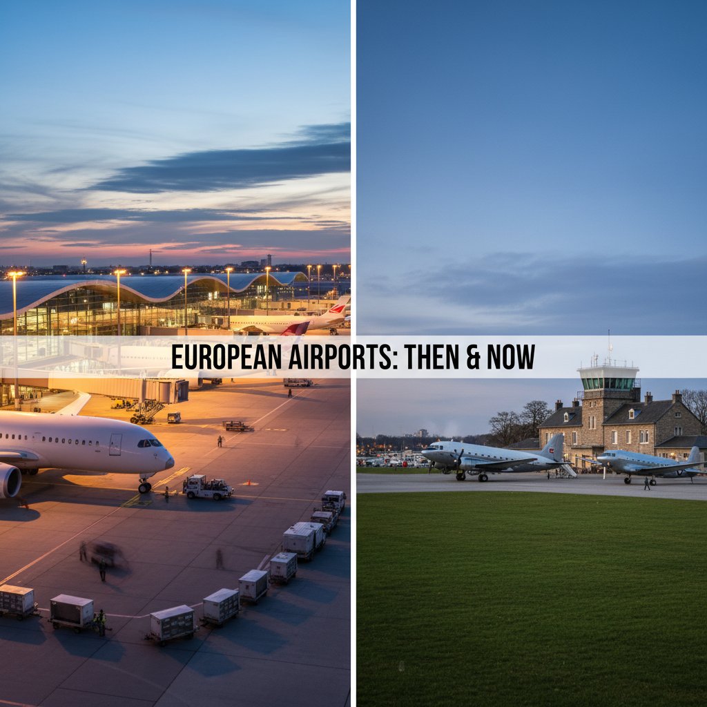 Porównanie różnych portów lotniczych w Europie, samoloty na płycie lotniska, dynamiczna scena