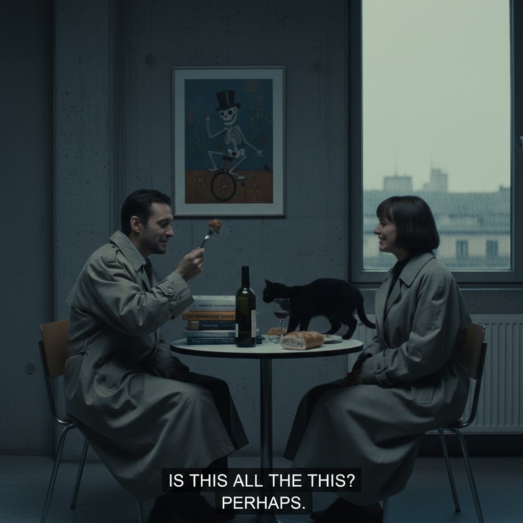 Scene inspired by European arthouse existential comedy