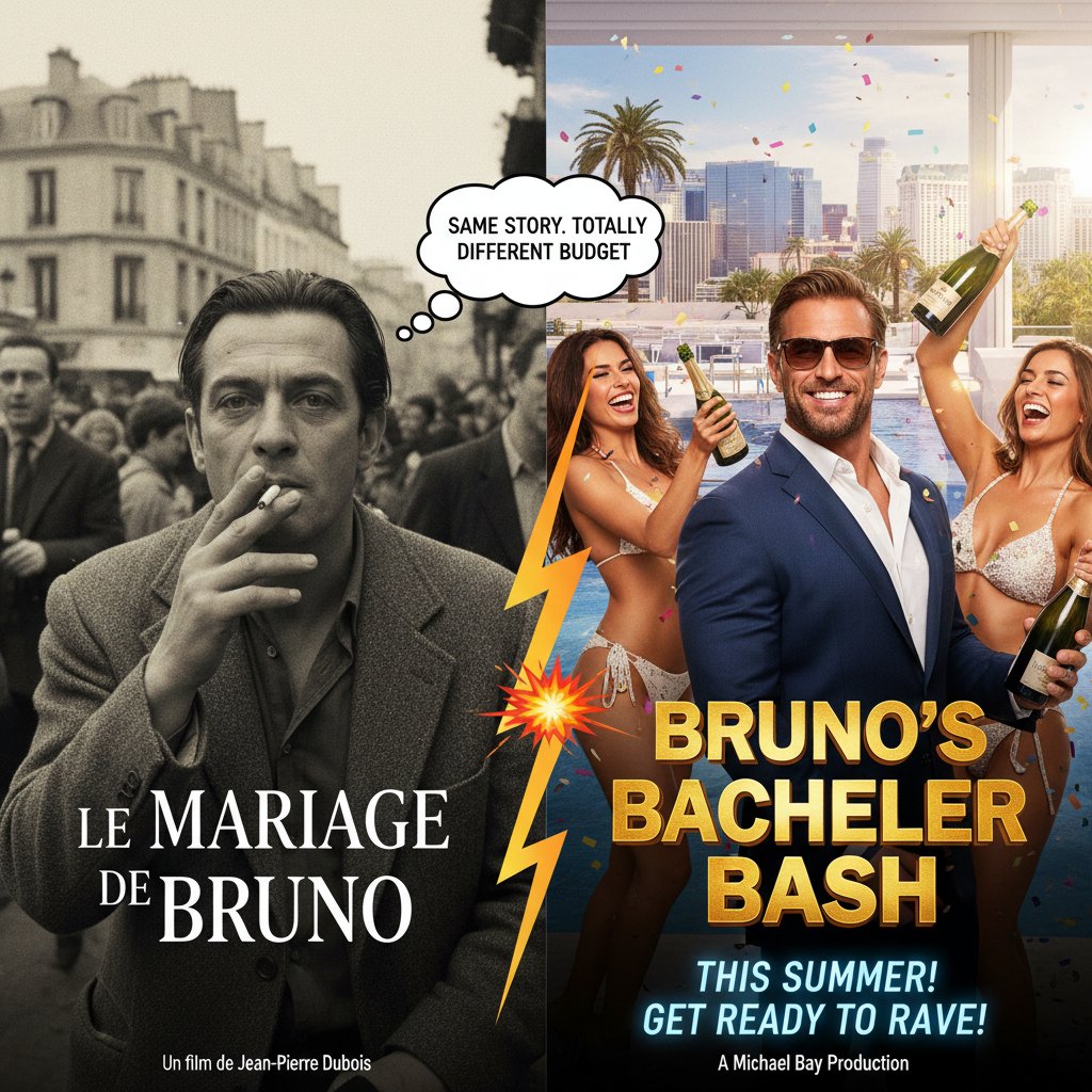 Split image of an original European film poster and a glossy Hollywood remake, highlighting differences