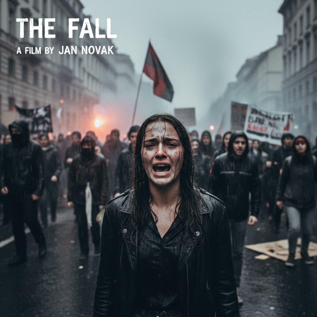 Powerful protest scene from a gritty European movie, emotional and raw