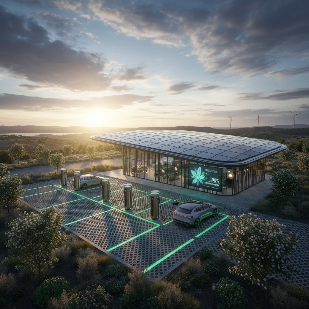 EV charging under solar-integrated panoramic roof at modern station, eco mood