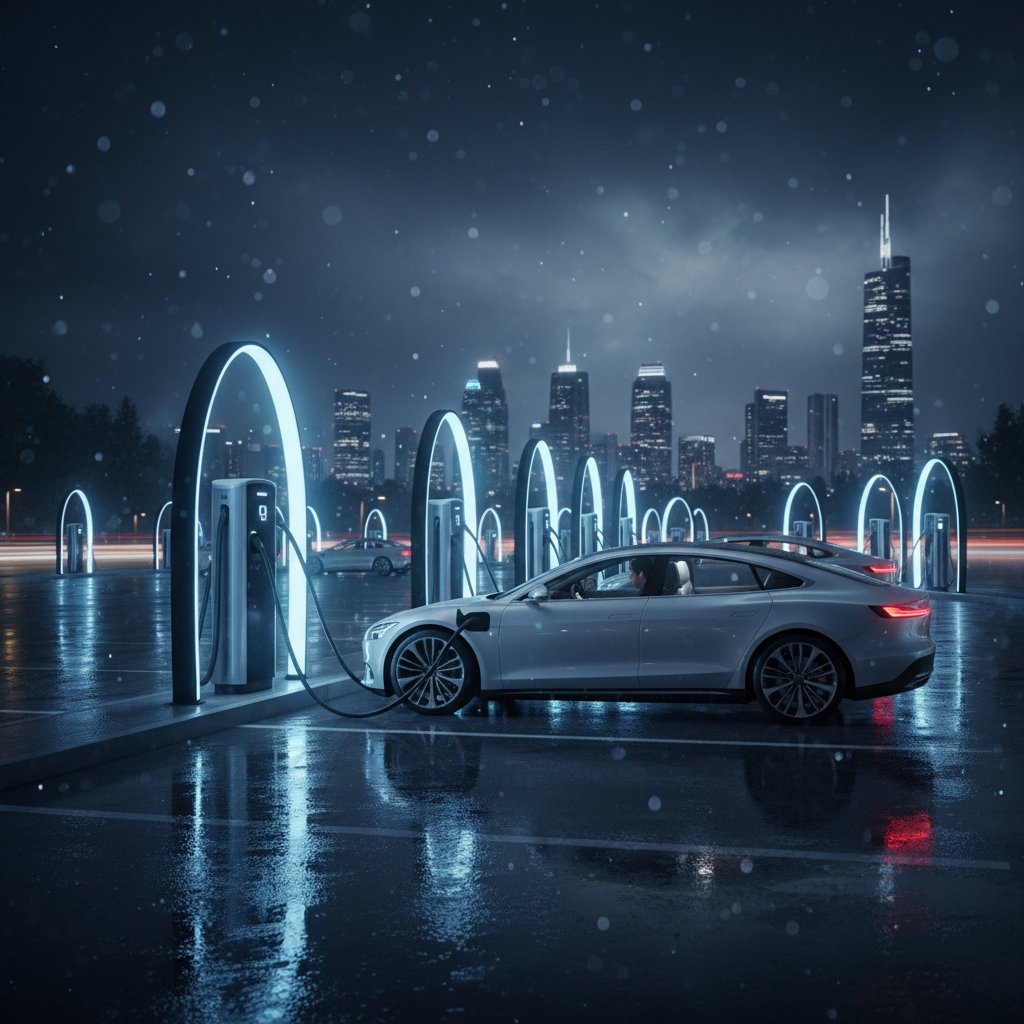 EV charging station at night, one car plugged, another waiting