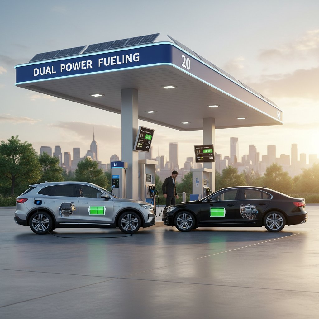 Three cars (EV, hybrid, gas) fueling side by side, symbolic composition