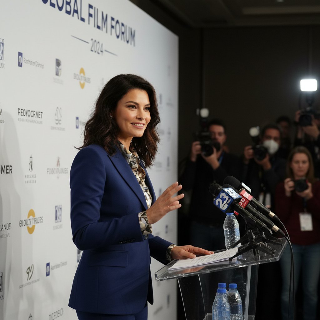 Eva Mendes addressing the media at a press conference, facing a sea of cameras