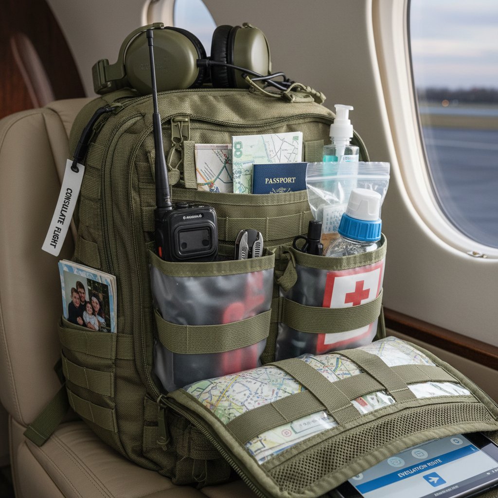 Evacuation go-bag packed for consulate flight, critical items visible