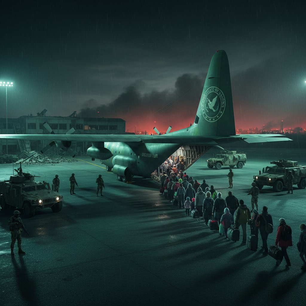 Evacuees rushing to consulate plane at night, armed escort, chaos in airport