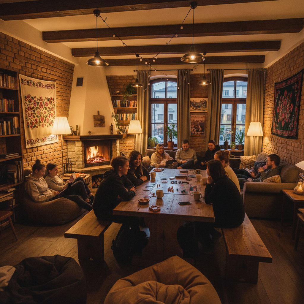 Goście integrujący się w przestrzeni wspólnej hostelu w Polsce