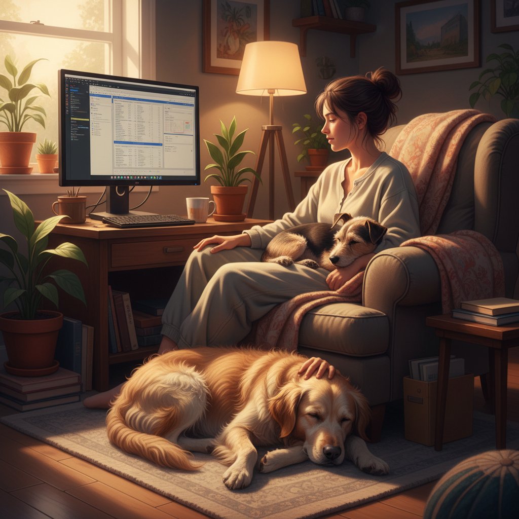 Wieczorne światło, właściciel psa relaksuje się przy komputerze z psem obok