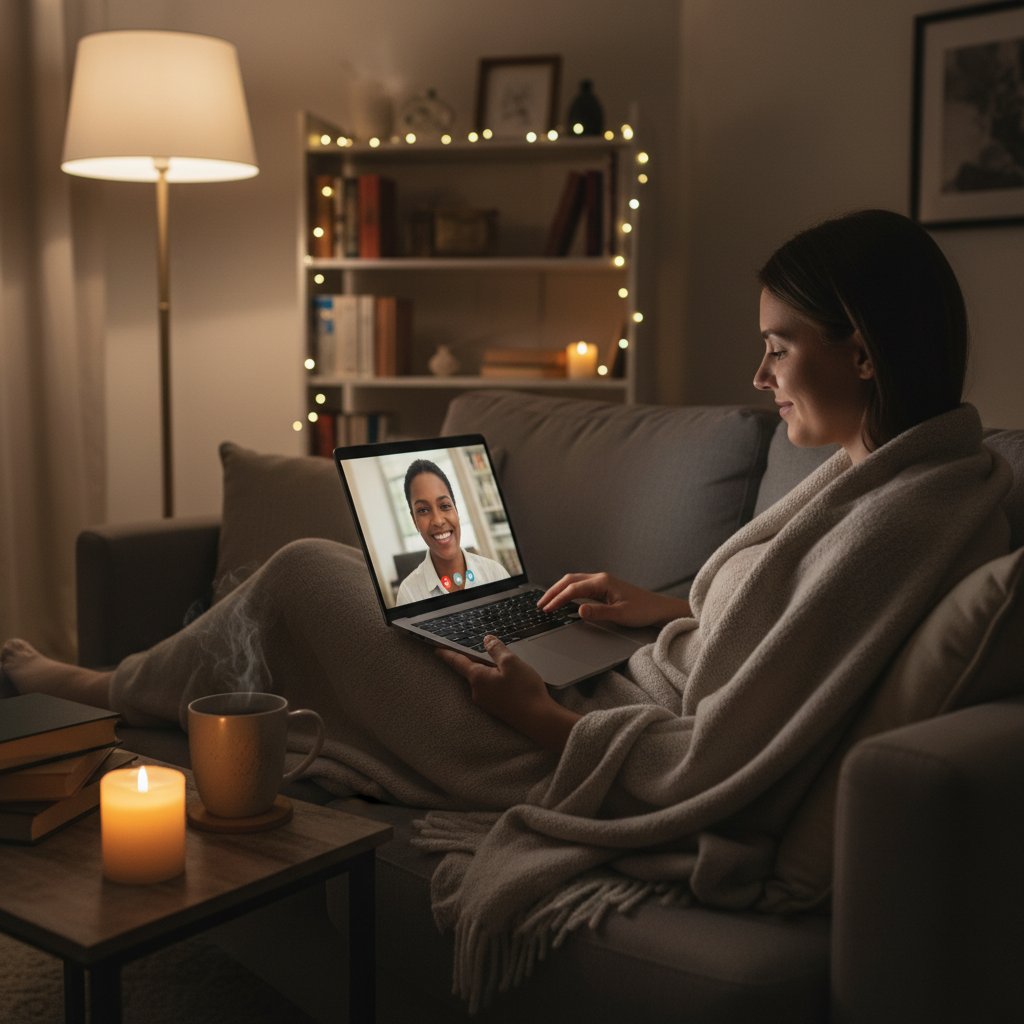 Wieczorna rutyna: osoba przy laptopie, kubek herbaty, nastrojowe światło, swobodna rozmowa online