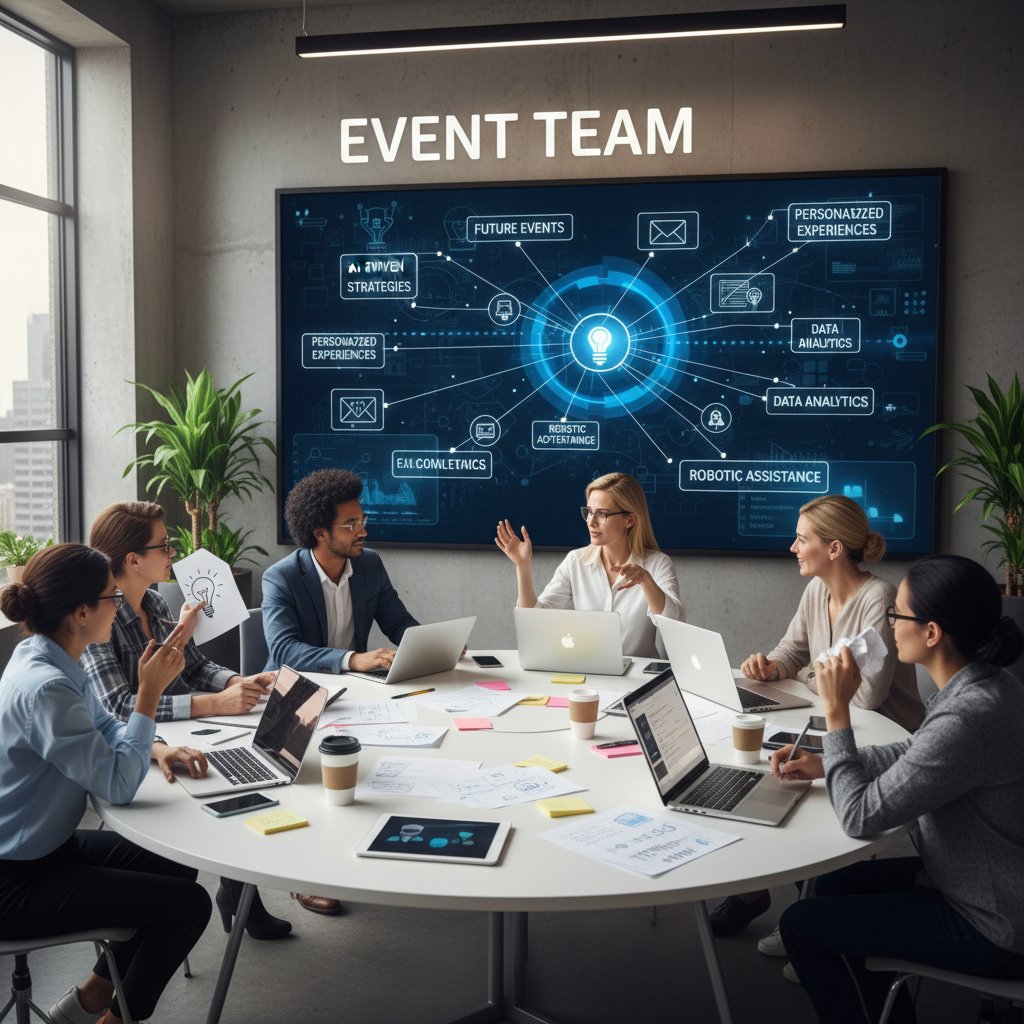 Zespół eventowy konsultujący się z wirtualnym doradcą AI, scena kreatywnej burzy mózgów