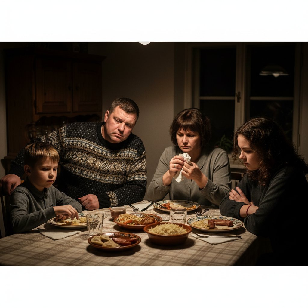 Rodzina przy stole, niezręczna cisza – ilustracja zaprzeczenia w relacjach