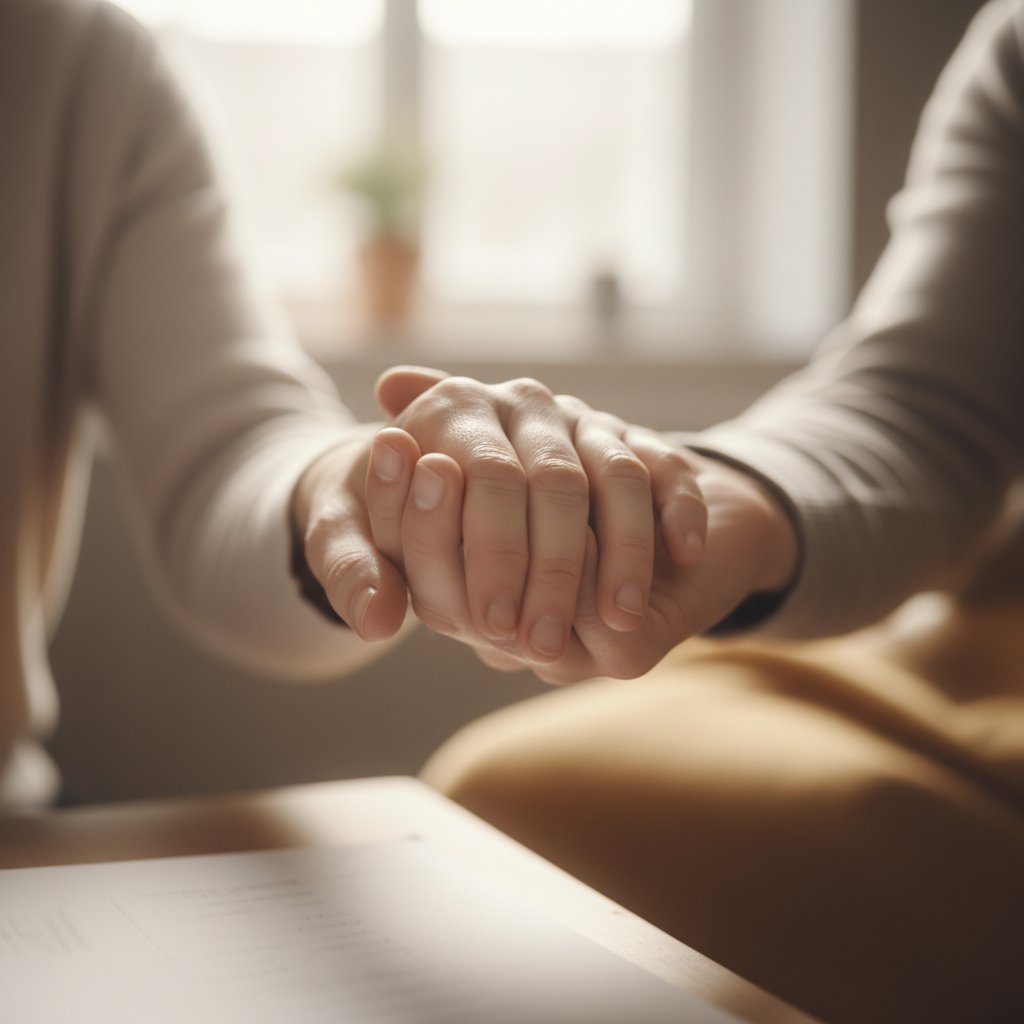 Dłonie terapeuty i pacjenta spotykające się, skupienie na geście