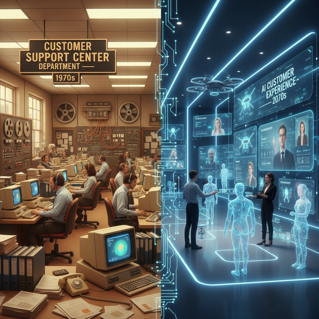 Evolution of customer support automation: split photo showing retro phone bank on left, futuristic digital support center on right, both busy with agents and technology