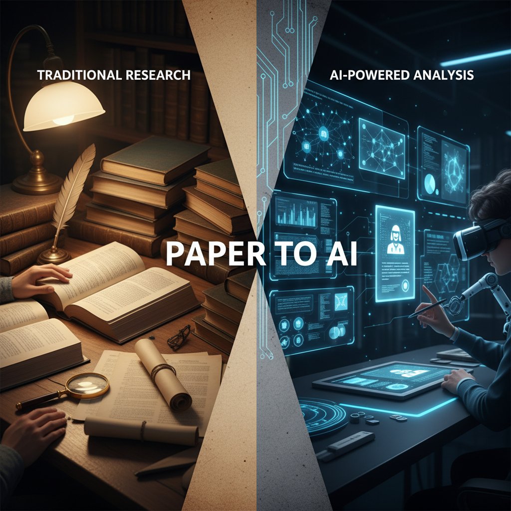 Evolution of academic research tools from paper to AI in a split-screen photo