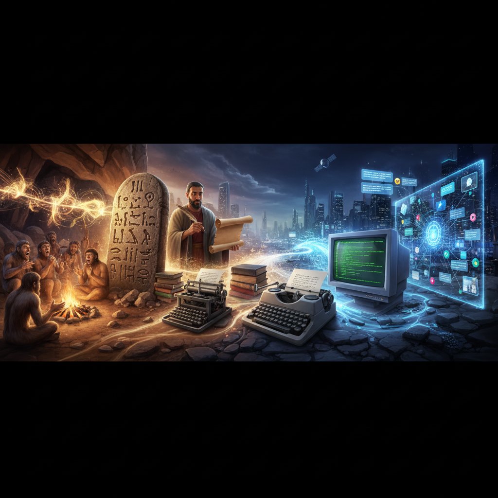 Evolution of language from ancient cave paintings to digital code, dramatic lighting, representing natural language transformation