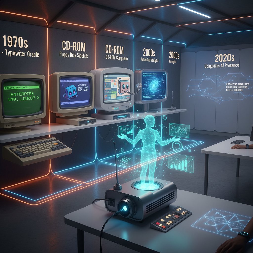 Evolution of enterprise AI virtual assistants from chatbots to intelligent teammates, timeline mural with retro and modern elements