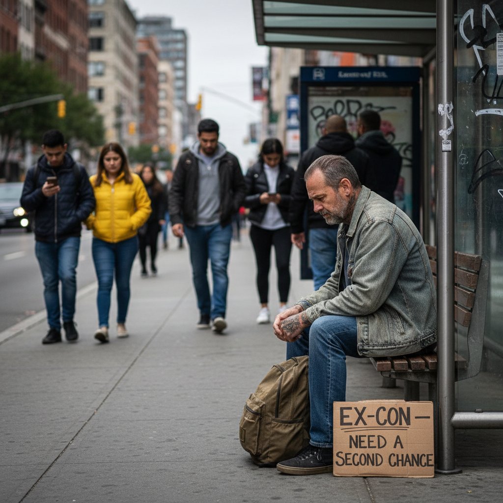 Były skazany samotnie na przystanku, za plecami przechodnie odwracający wzrok – obraz społecznej stygmatyzacji