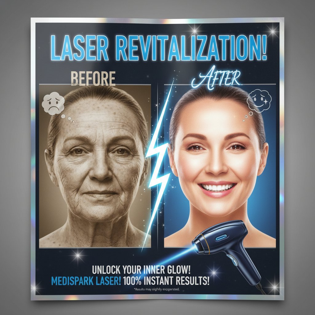 Przesadzone reklamy zabiegów laserem CO2, magazynowa stylizacja, ironiczny nastrój