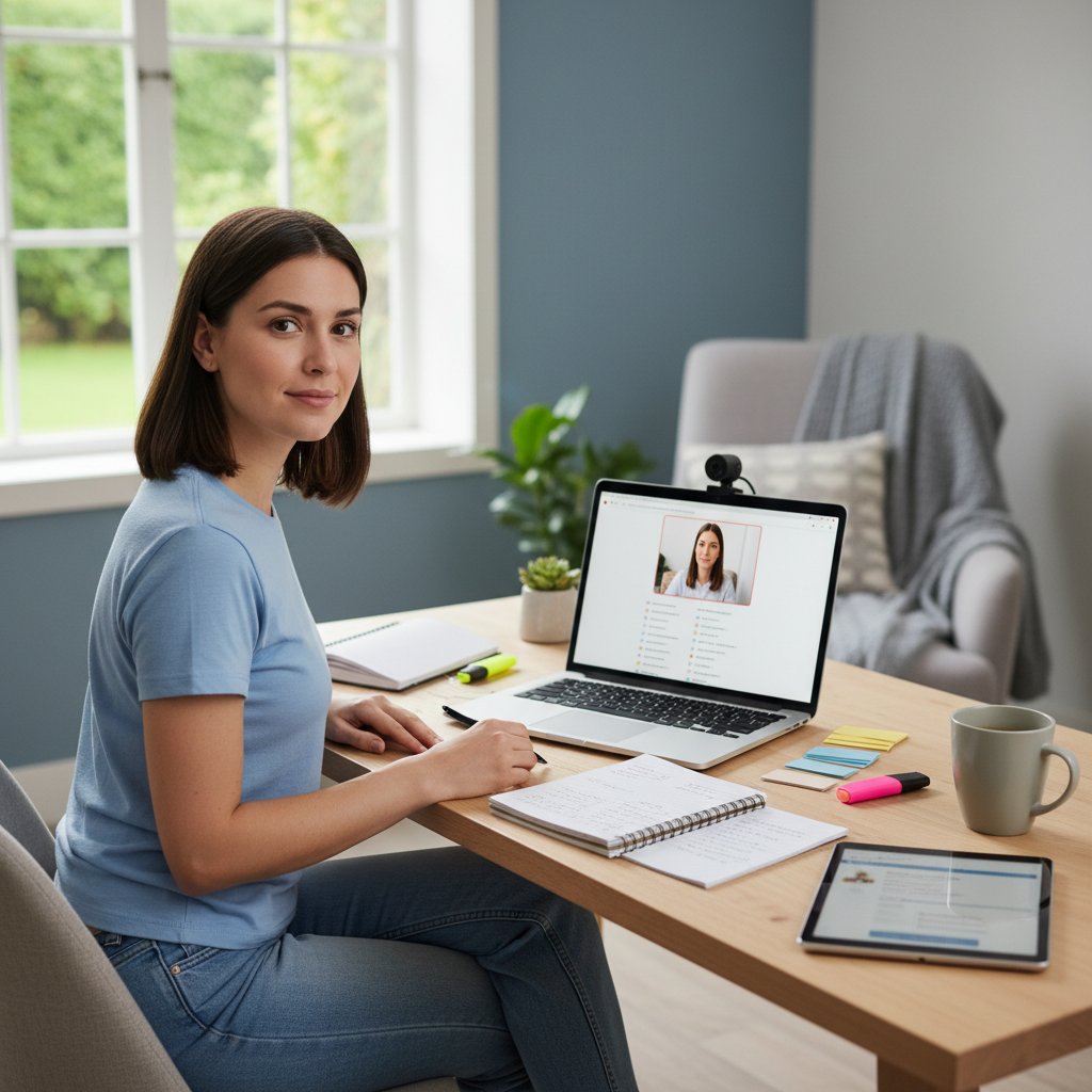 Kandydat przygotowujący stanowisko do egzaminu DELF online – laptop, kamera, notatki, spokojne otoczenie