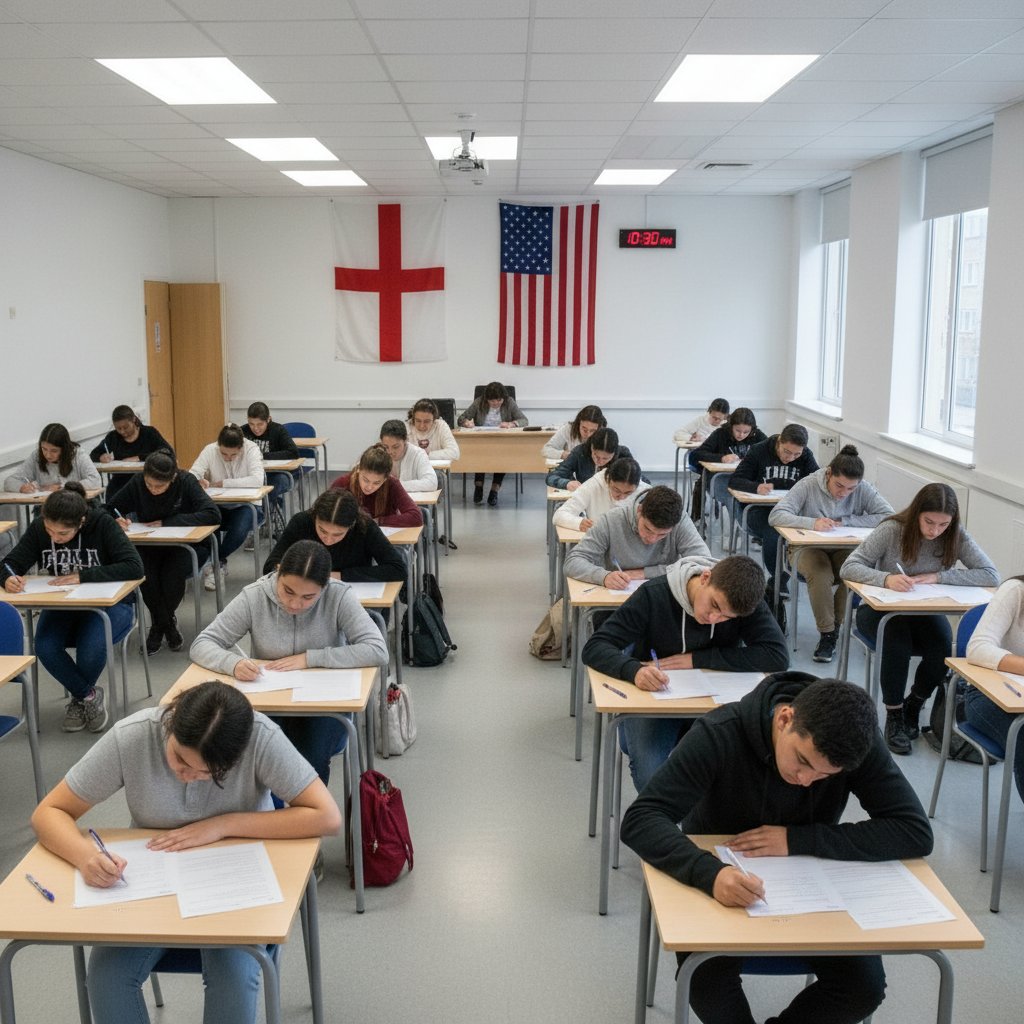 Nowoczesna sala egzaminacyjna z maturzystami rozwiązującymi arkusze z angielskiego, w tle flagi UK i USA