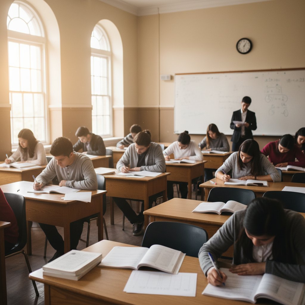 Sala egzaminacyjna z maturzystami rozwiązującymi arkusze, widok z góry, atmosfera skupienia, światło dzienne