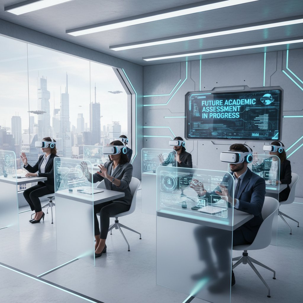 Sala egzaminacyjna z okularami VR, nowoczesna technologia w edukacji, kandydaci przy komputerach