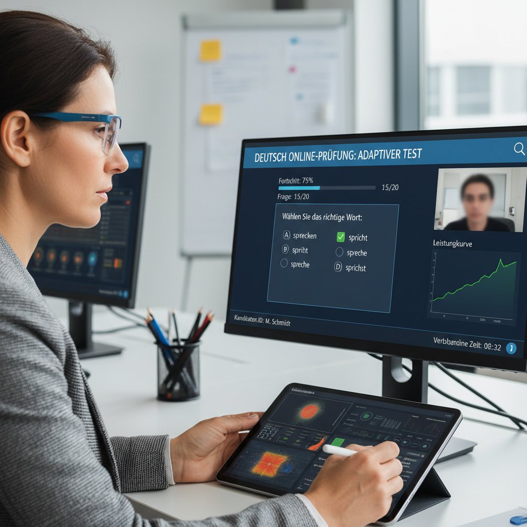 Egzaminator obserwujący wyniki testu adaptacyjnego online na ekranie