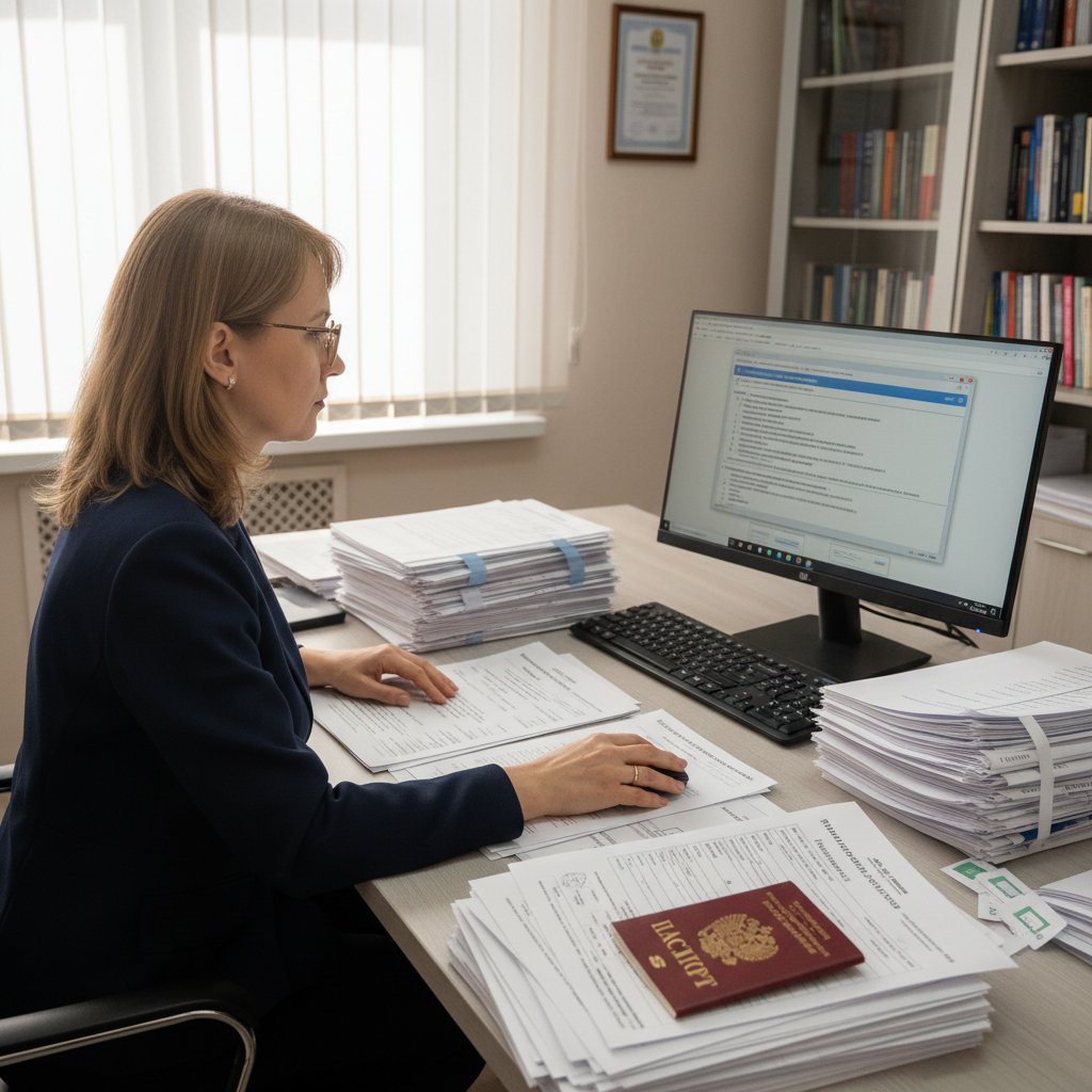 Egzaminator oceniający prace na egzaminie online, ekran komputera, dokumenty