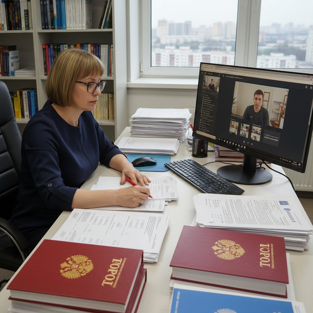 Egzaminator sprawdza dokumenty podczas egzaminu TRKI online, widoczne elementy rosyjskiej instytucji